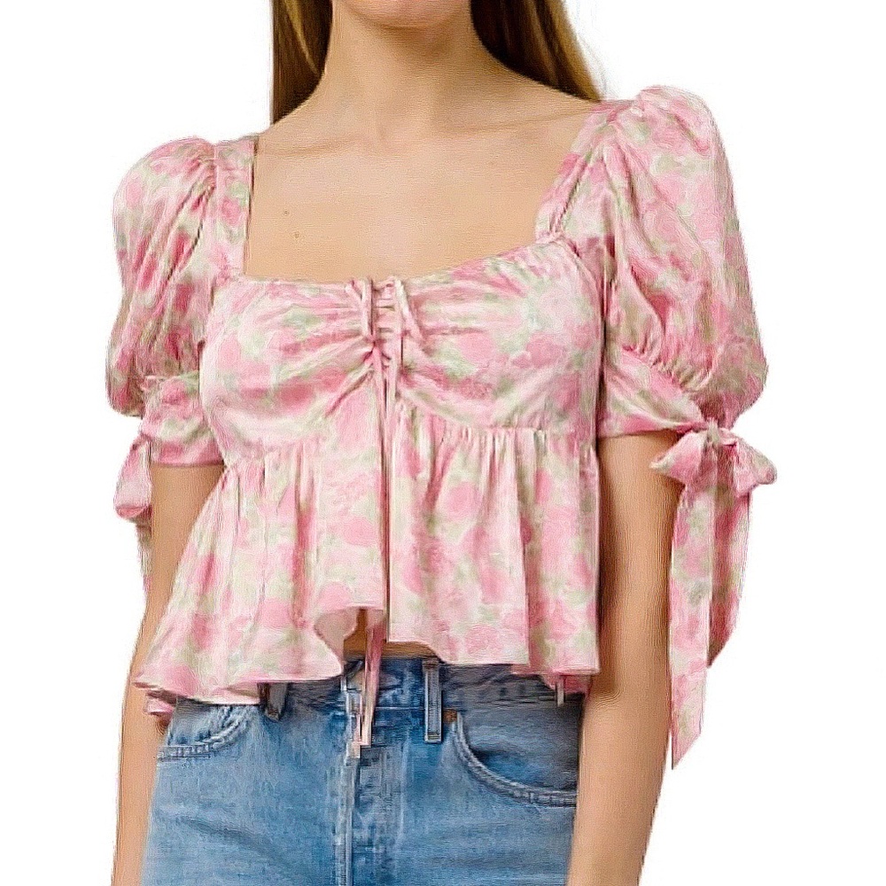 Wayf Pink Floral Puff Sleeve Silky Blouse with Tie Front and Flowy Silhouette!!
